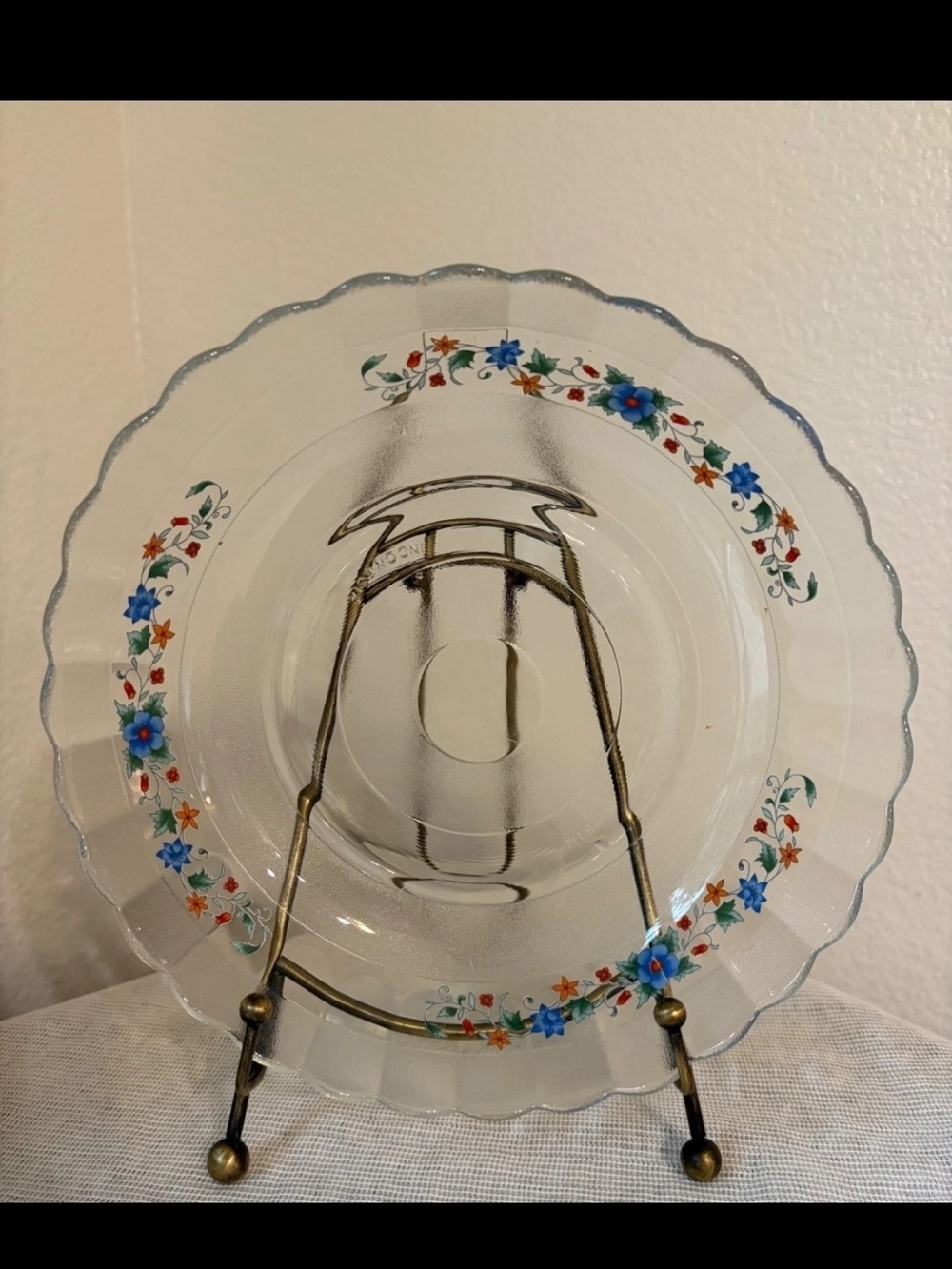 Clear Glass Scalloped Serving Plate with Blue and Orange Floral Border